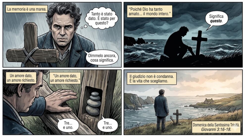 Un fumetto concettuale in italiano che reinterpreta i temi della Domenica della Santissima Trinità attraverso la lente di un uomo che cerca significato.