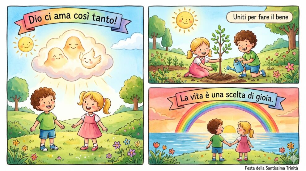 Un fumetto per bambini diviso in tre vignette, che spiega il concetto della Santissima Trinità e dell'amore di Dio.