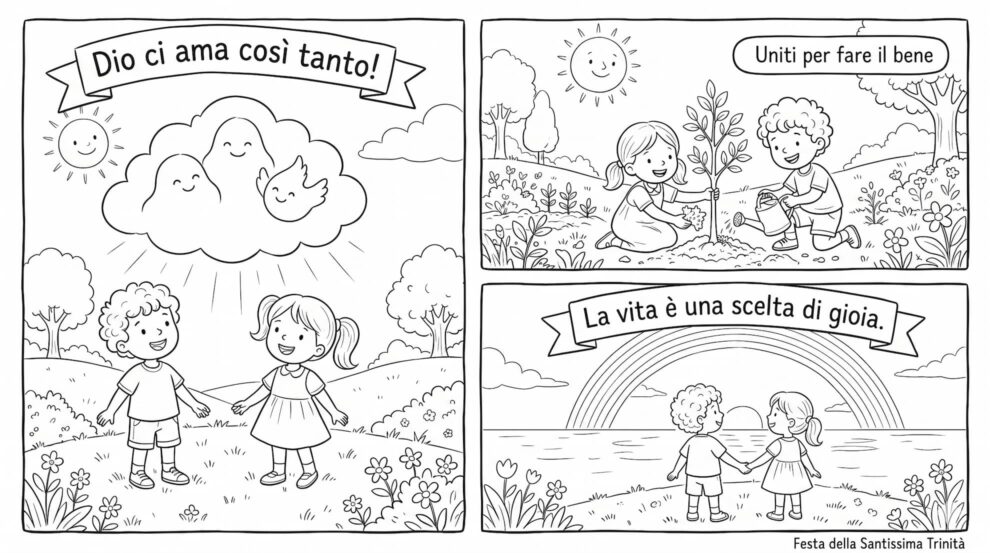 Un fumetto per bambini in bianco e nero (line-art) da colorare, diviso in tre vignette, che spiega il concetto della Santissima Trinità e dell'amore di Dio.
