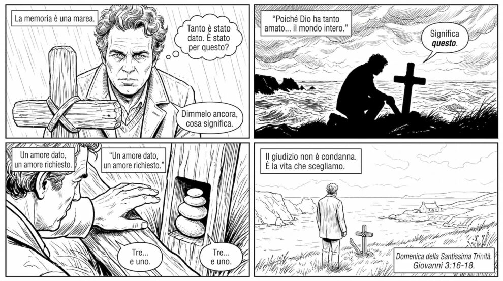 Un fumetto concettuale in italiano che reinterpreta i temi della Domenica della Santissima Trinità attraverso la lente di un uomo che cerca significato.