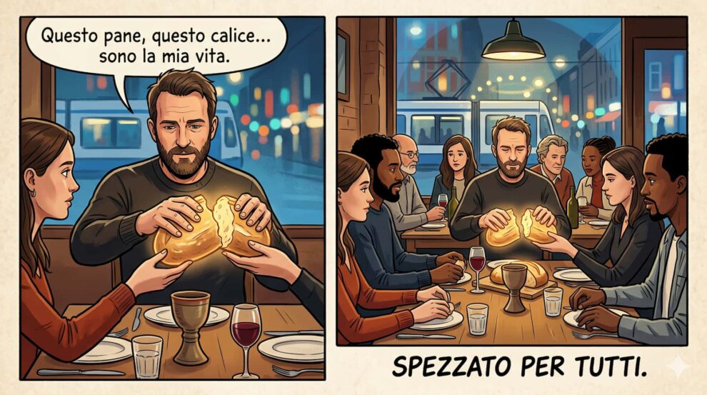 Nella prima vignetta, il focus è sul gesto intimo e potente dello spezzare il pane che emana una luce calda, accompagnato dalla frase iconica nel balloon: "Questo pane, questo calice... sono la mia vita".
Nella seconda vignetta, lo sguardo si allarga all'intera tavolata e alla comunità, sigillato dalla didascalia in basso che racchiude il senso profondo della festività: "SPEZZATO PER TUTTI."